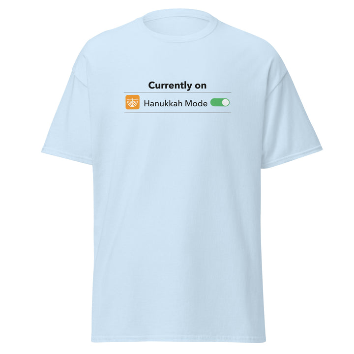 Hanukkah Mode Jewish pride tee in Light Blue - detail view