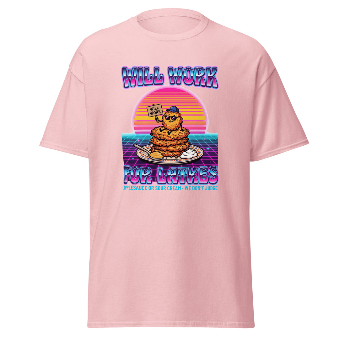 Will Work for Latkes 80s Jewish pride tee in Light Pink - back view
