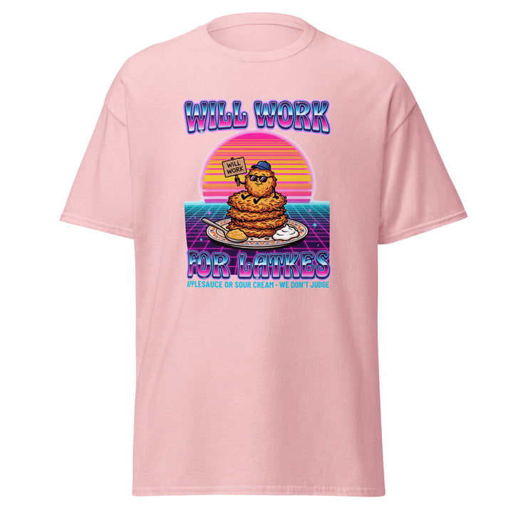 Will Work for Latkes 80s Jewish pride tee in Light Pink - back view