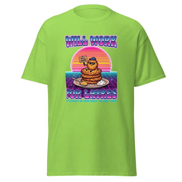Will Work for Latkes 80s Jewish pride tee in Lime - side view