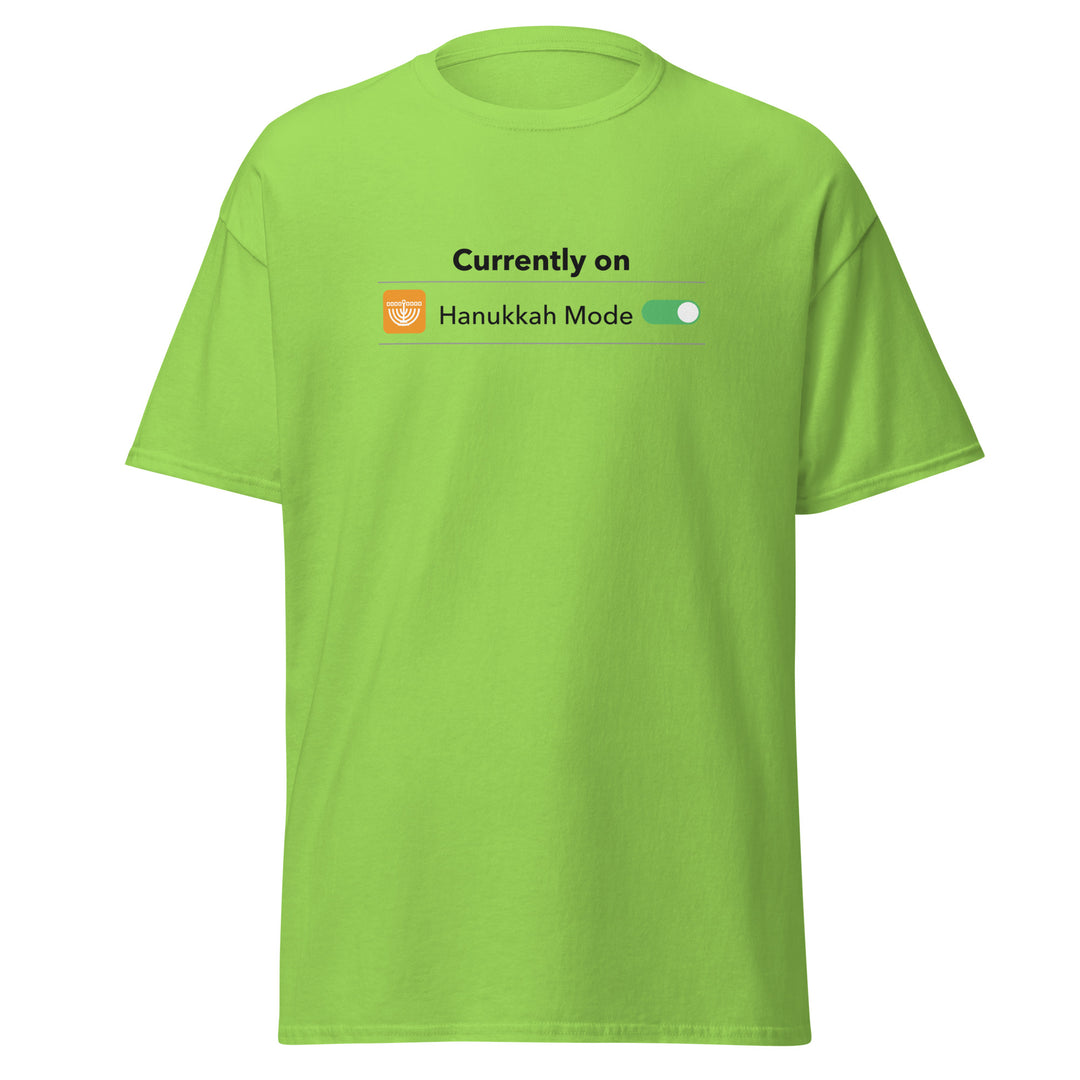 Hanukkah Mode Jewish pride tee in Lime - side view