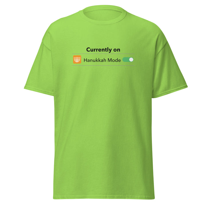 Hanukkah Mode Jewish pride tee in Lime - side view