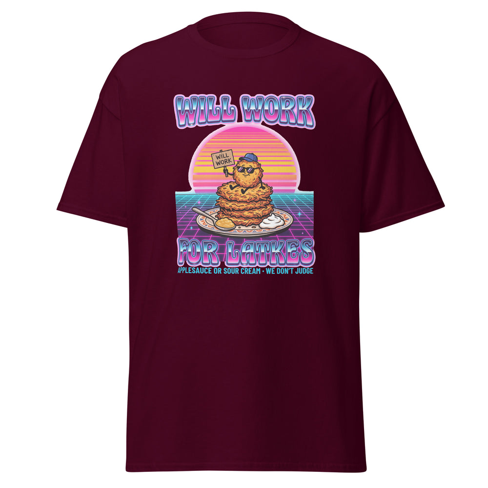 Will Work for Latkes 80s Jewish pride tee in Maroon - back view
