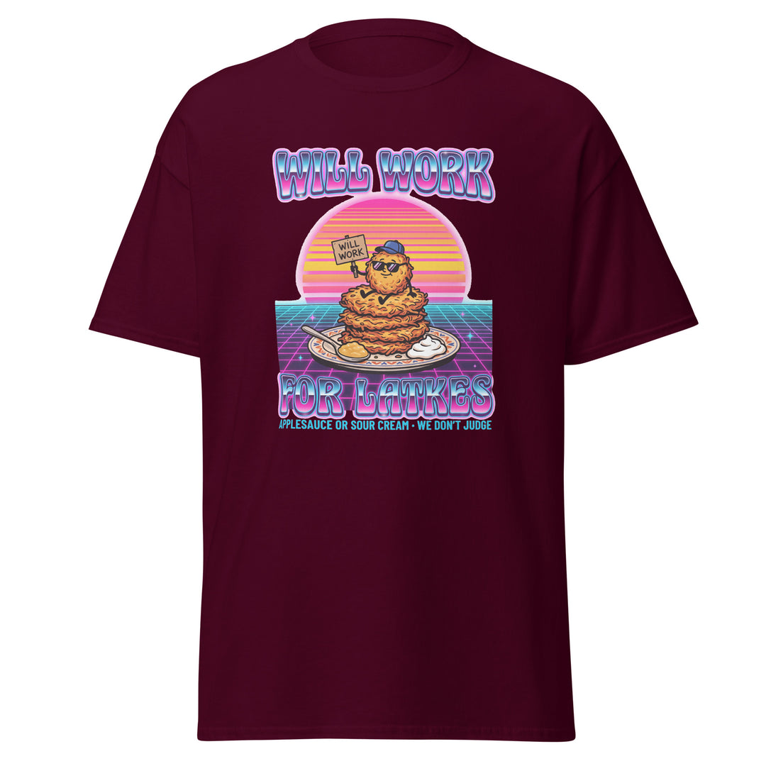 Will Work for Latkes 80s Jewish pride tee in Maroon - back view