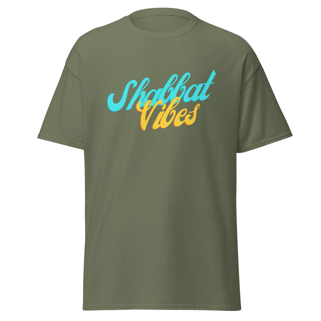 Shabbat Vibes Jewish pride tee in Military Green - close-up