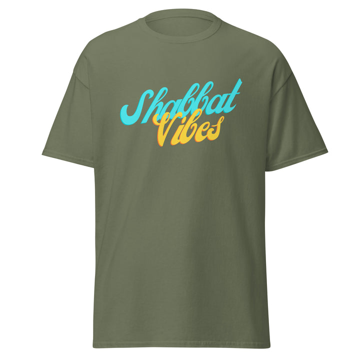Shabbat Vibes Jewish pride tee in Military Green - close-up