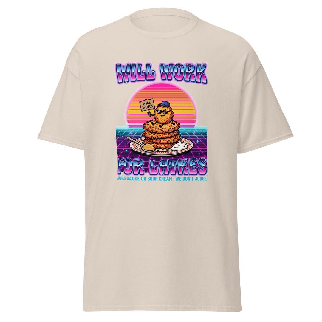 Will Work for Latkes 80s Jewish pride tee in Natural - folded view