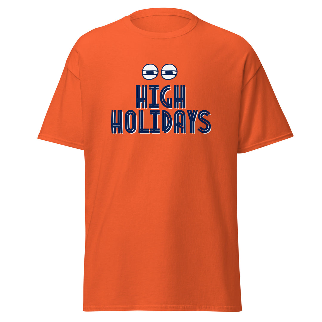 High Holidays Jewish pride tee in Orange - side view