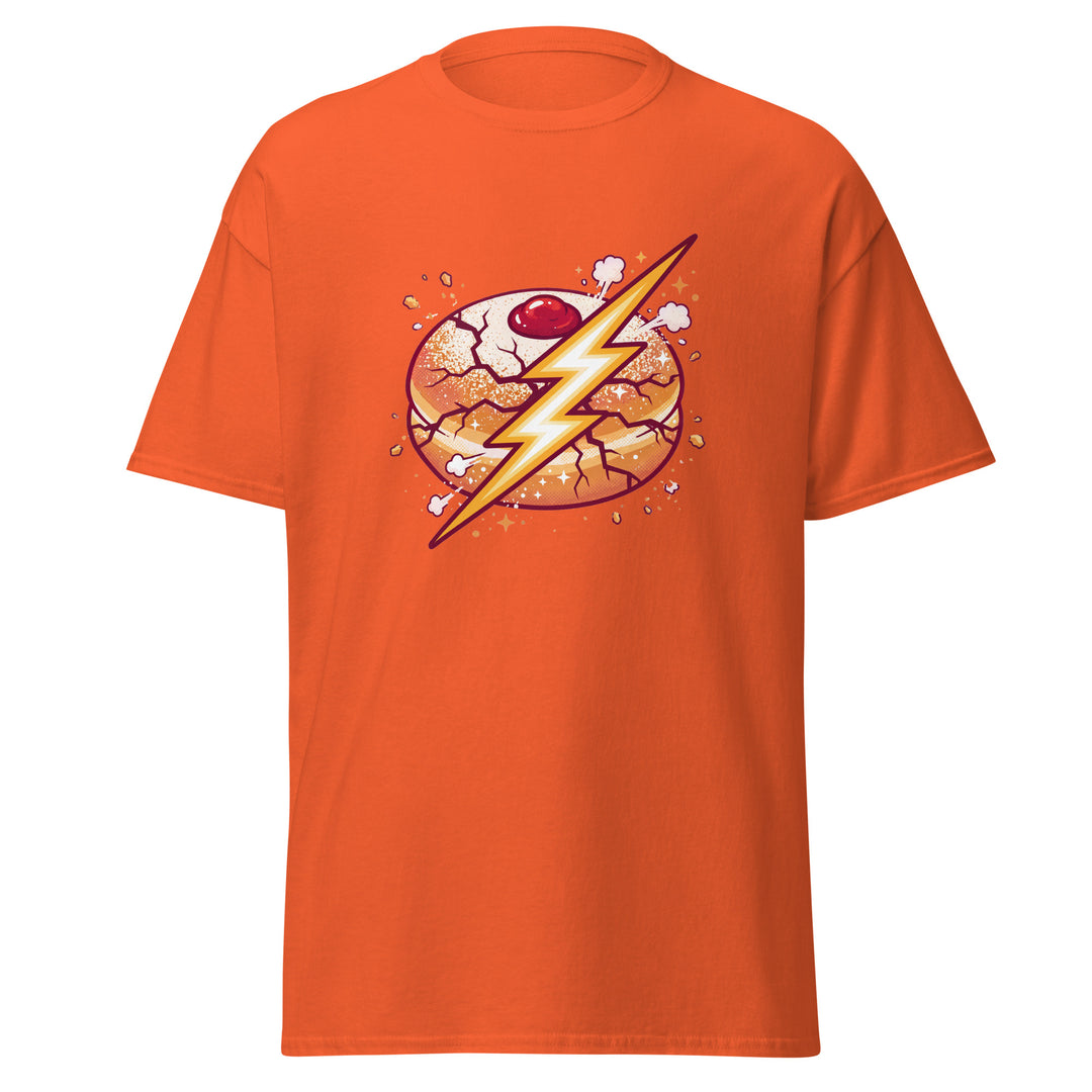 Sufganiyah Lightning Jewish pride tee in Orange - close-up
