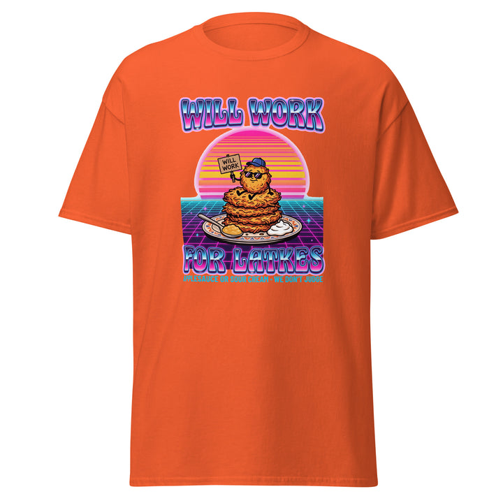 Will Work for Latkes 80s Jewish pride tee in Orange - close-up