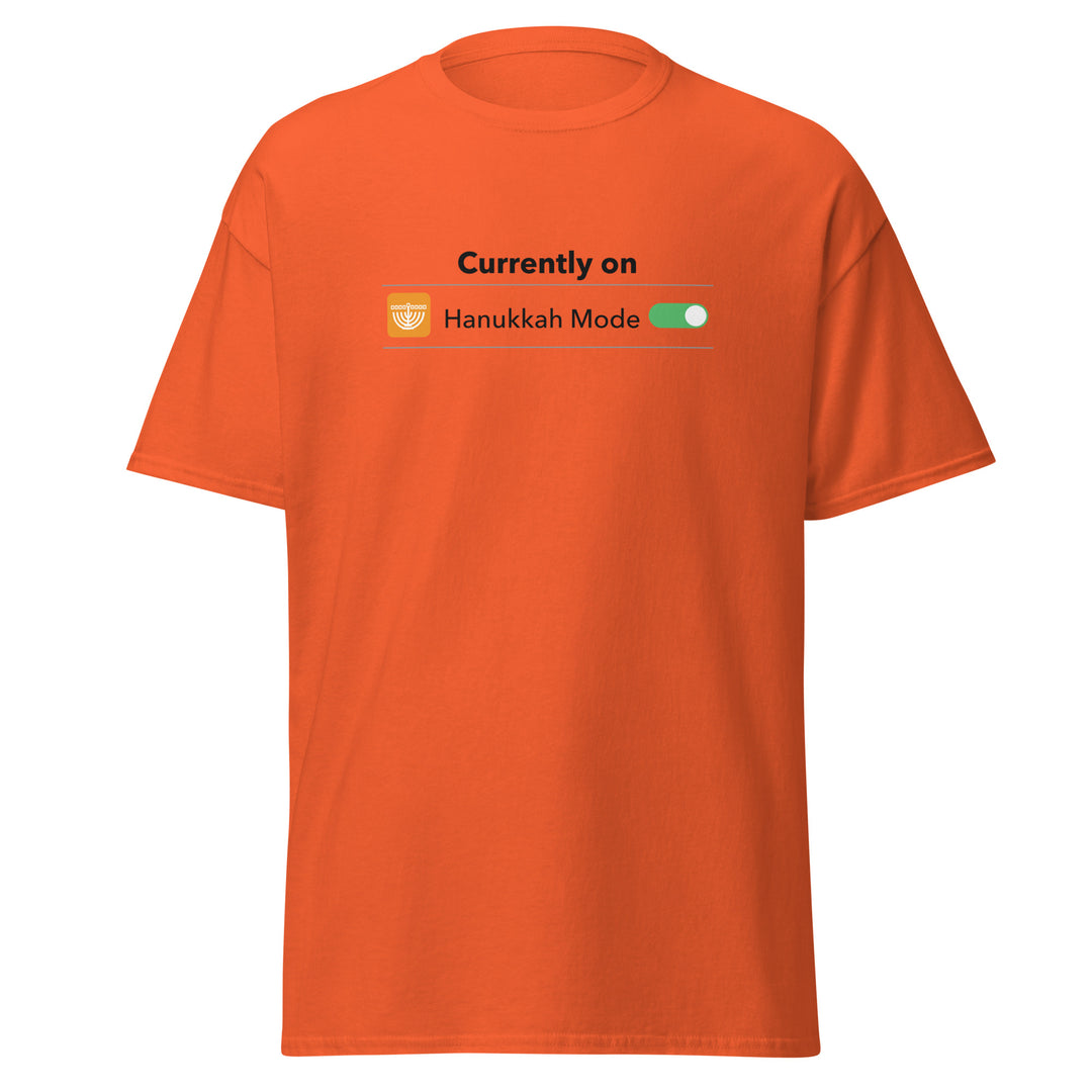 Hanukkah Mode Jewish pride tee in Orange - back view