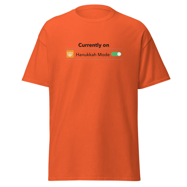 Hanukkah Mode Jewish pride tee in Orange - back view