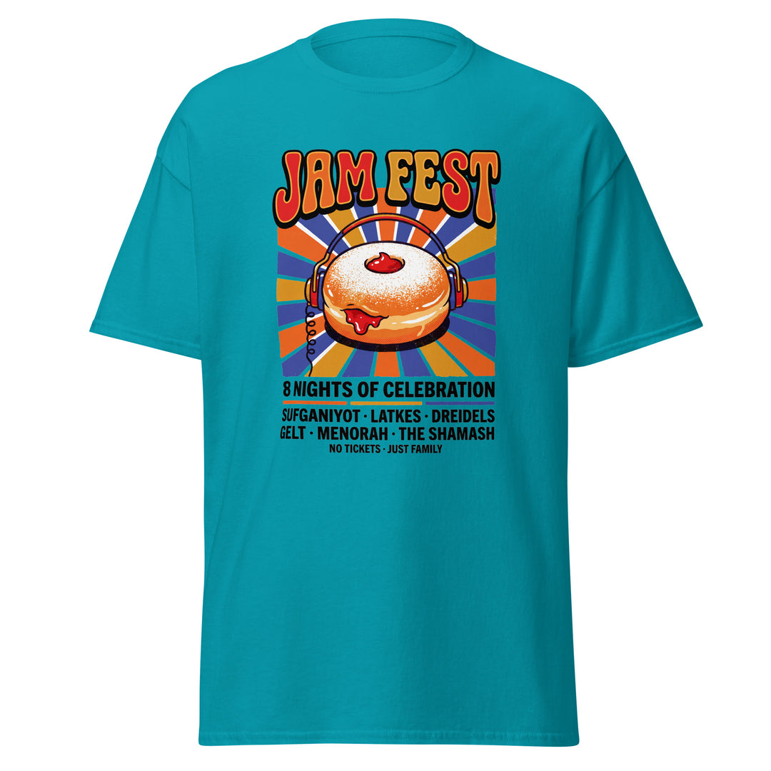 Jam Fest 8 Nights Jewish pride tee in Tropical Blue - detail view