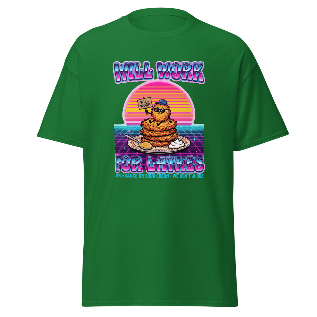 Will Work for Latkes 80s Jewish pride tee in Turf Green - detail view