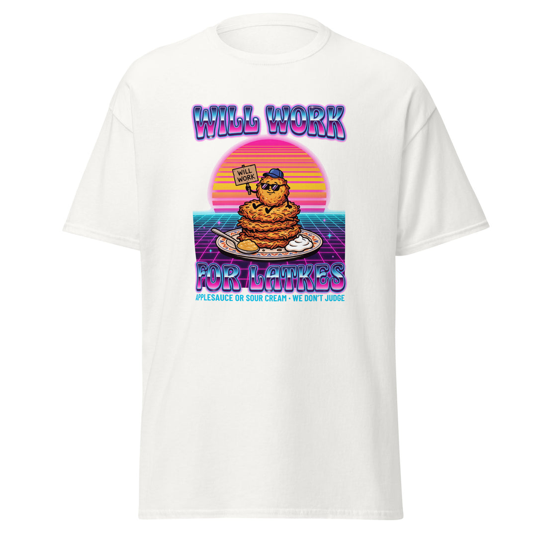 Will Work for Latkes 80s Jewish pride tee in White - front view