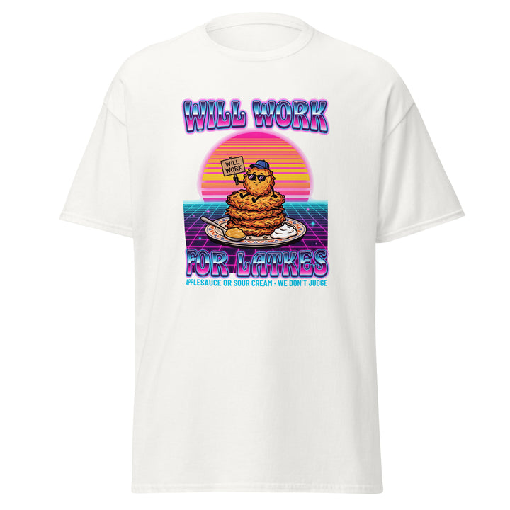 Will Work for Latkes 80s Jewish pride tee in White - front view