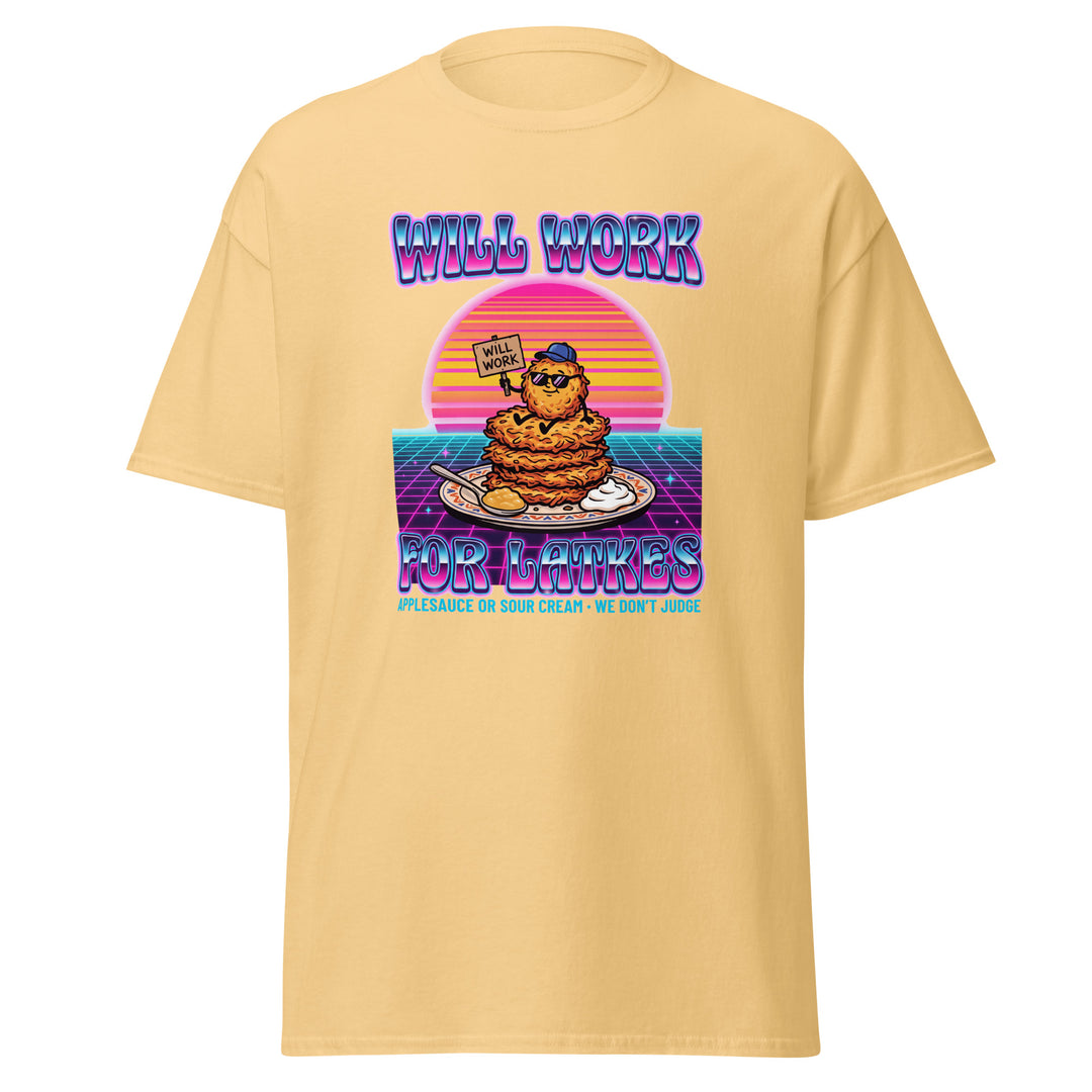 Will Work for Latkes 80s Jewish pride tee in Yellow Haze - front view