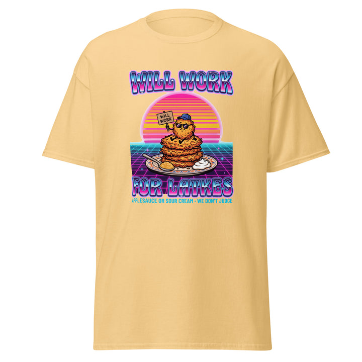 Will Work for Latkes 80s Jewish pride tee in Yellow Haze - front view