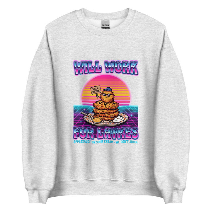 Will Work for Latkes 80s Jewish pride sweatshirt in Ash - close-up