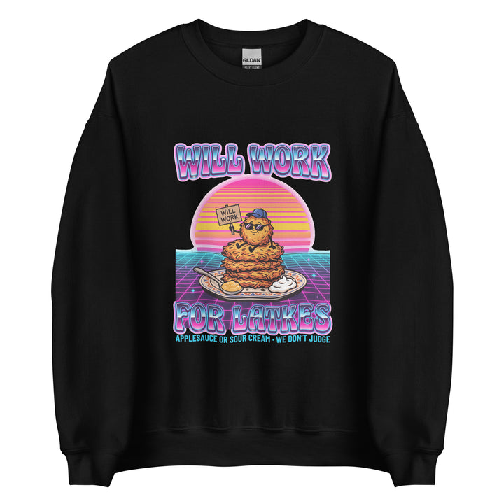 Will Work for Latkes 80s Jewish pride sweatshirt in Black - front view