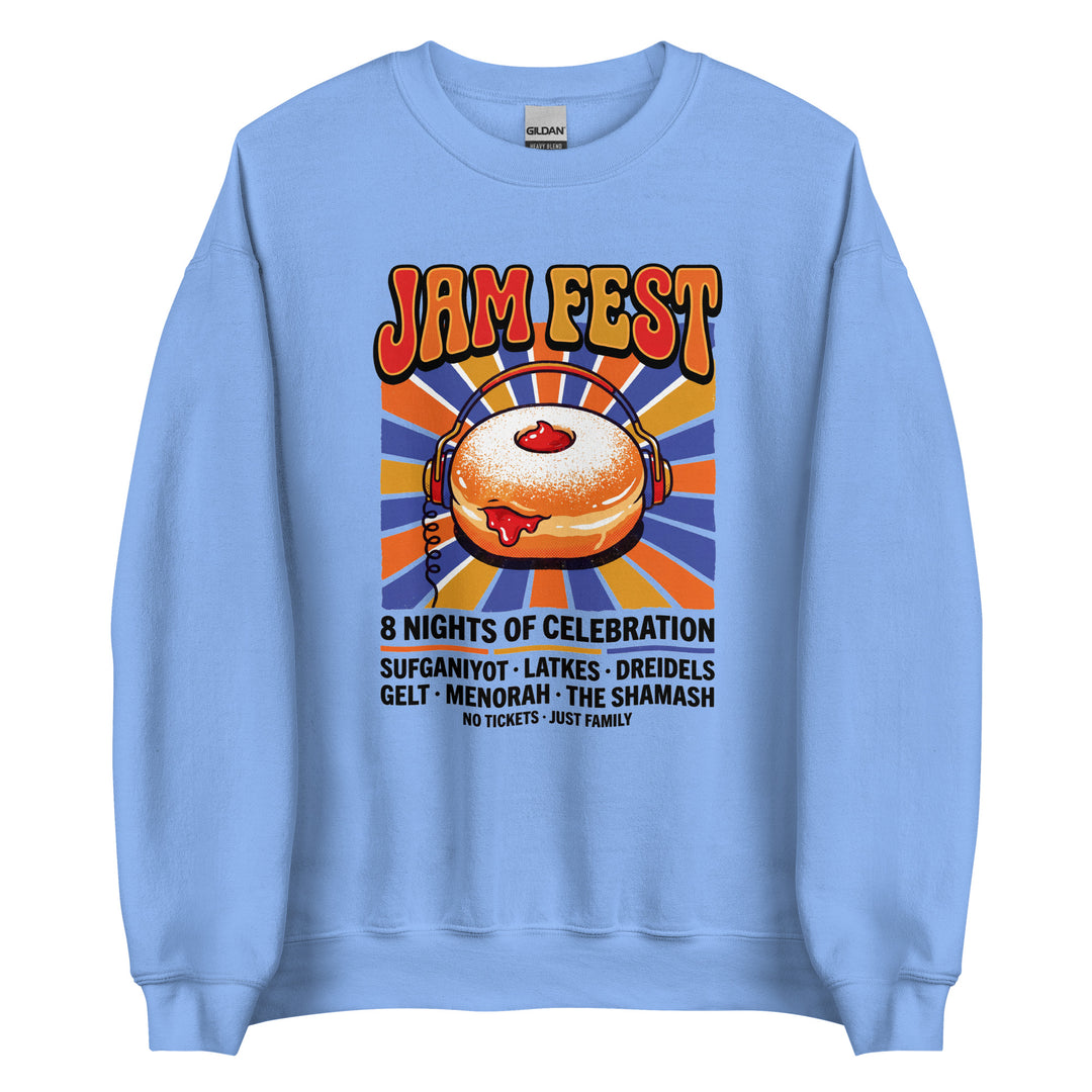 Jam Fest 8 Nights Jewish pride sweatshirt in Carolina Blue - folded view