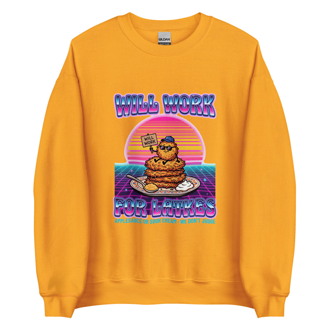 Will Work for Latkes 80s Jewish pride sweatshirt in Gold - folded view