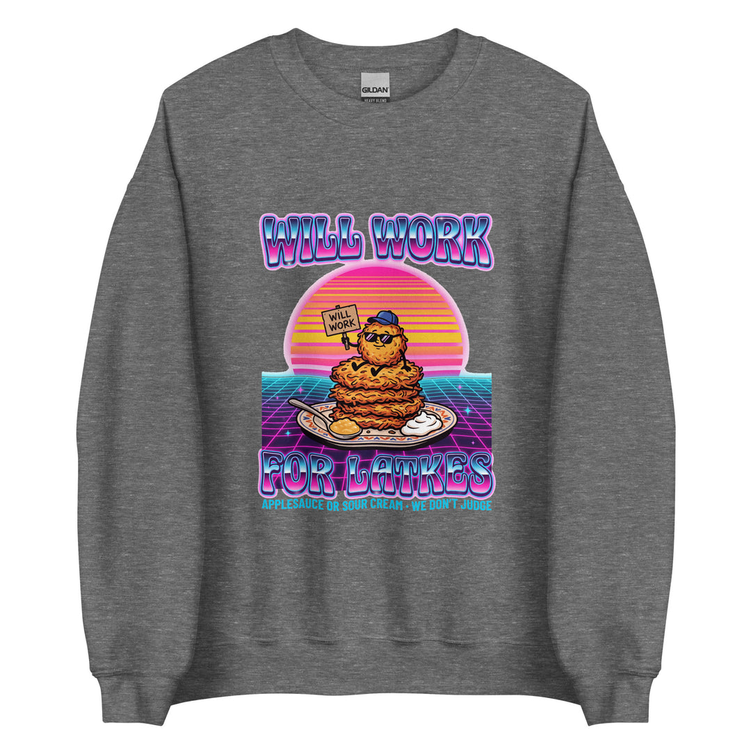 Will Work for Latkes 80s Jewish pride sweatshirt in Graphite Heather - flat lay