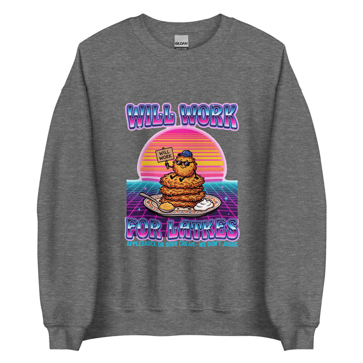 Will Work for Latkes 80s Jewish pride sweatshirt in Graphite Heather - flat lay