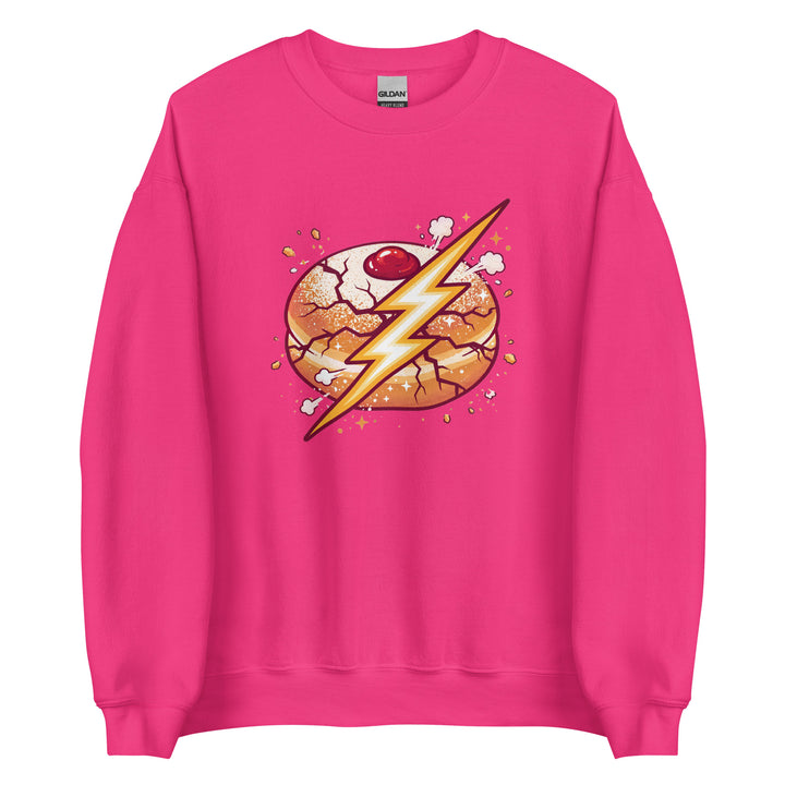 Sufganiyah Lightning Jewish pride sweatshirt in Heliconia - close-up