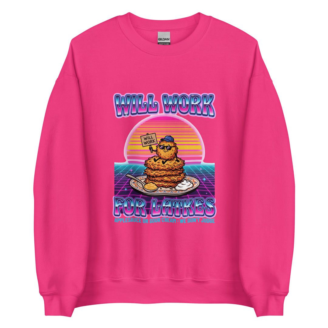 Will Work for Latkes 80s Jewish pride sweatshirt in Heliconia - close-up