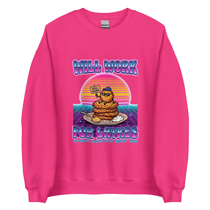 Will Work for Latkes 80s Jewish pride sweatshirt in Heliconia - close-up