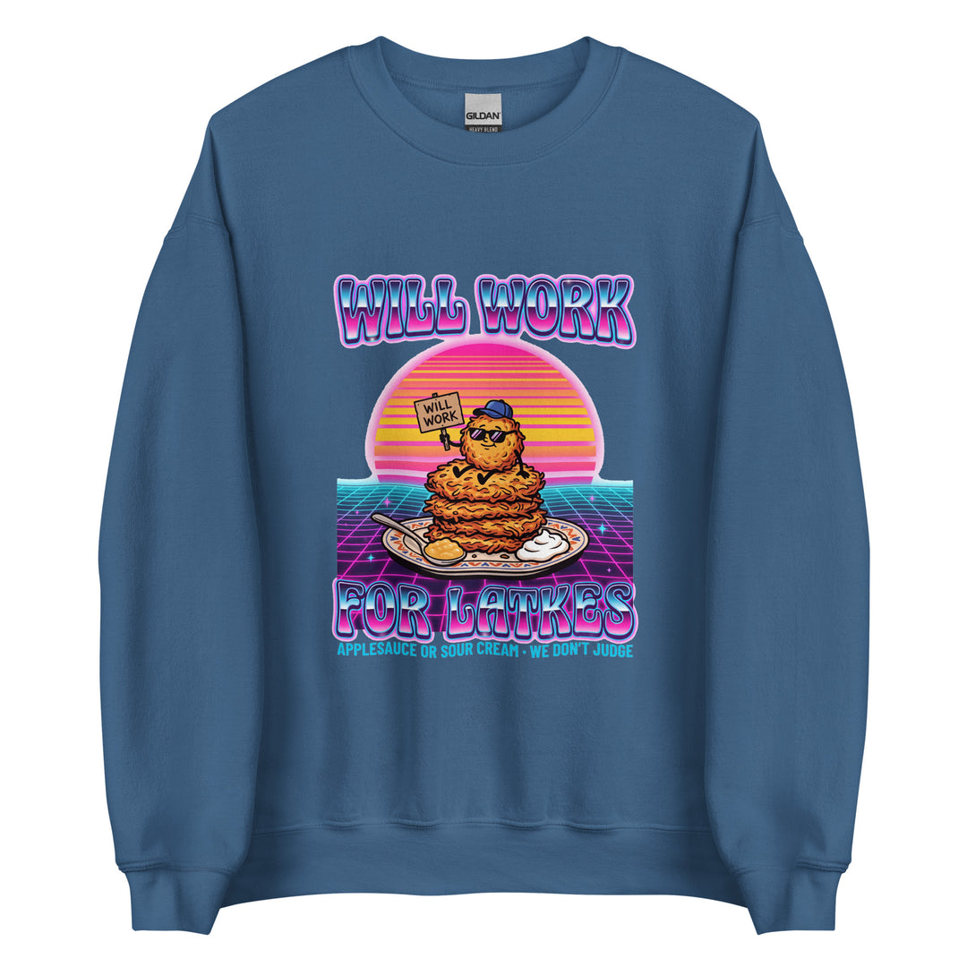 Will Work for Latkes 80s Jewish pride sweatshirt in Indigo Blue - detail view