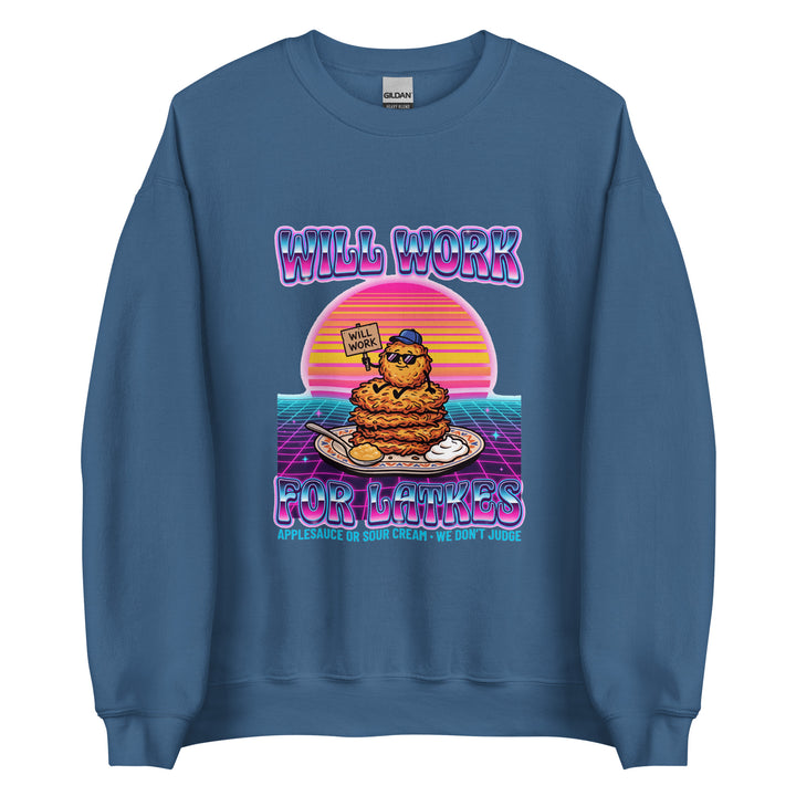 Will Work for Latkes 80s Jewish pride sweatshirt in Indigo Blue - detail view