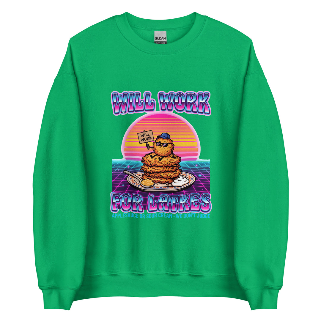 Will Work for Latkes 80s Jewish pride sweatshirt in Irish Green - side view