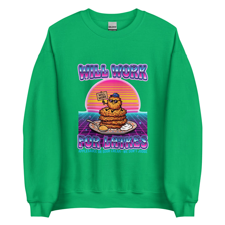 Will Work for Latkes 80s Jewish pride sweatshirt in Irish Green - side view