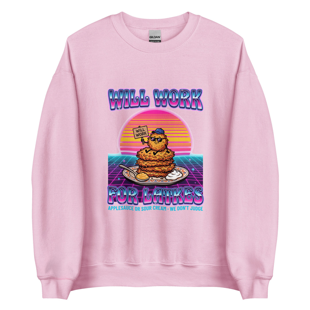 Will Work for Latkes 80s Jewish pride sweatshirt in Light Pink - detail view
