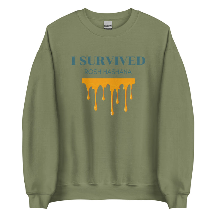 I Survived Rosh HaShana Jewish pride sweatshirt in Military Green - lifestyle shot