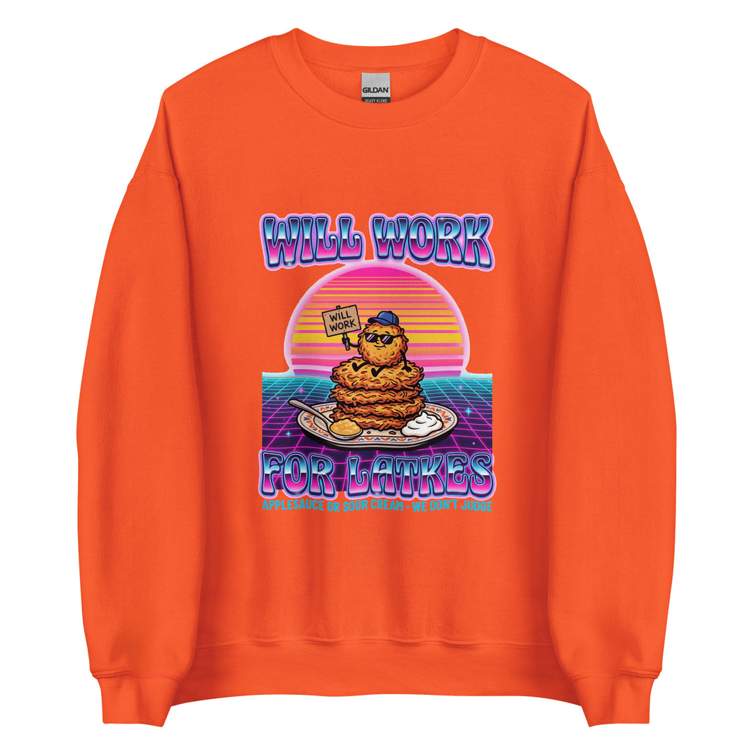 Will Work for Latkes 80s Jewish pride sweatshirt in Orange - lifestyle shot