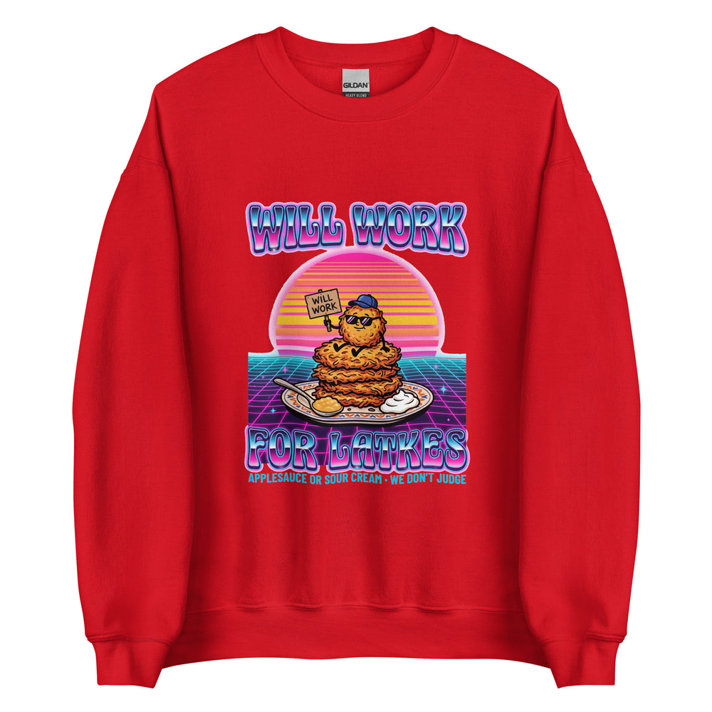Will Work for Latkes 80s Jewish pride sweatshirt in Red - back view
