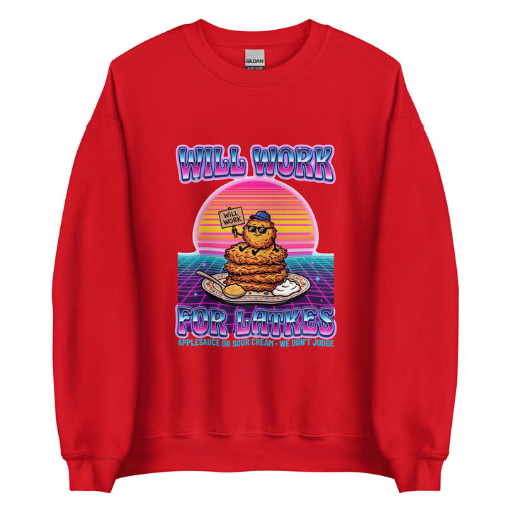 Will Work for Latkes 80s Jewish pride sweatshirt in Red - back view