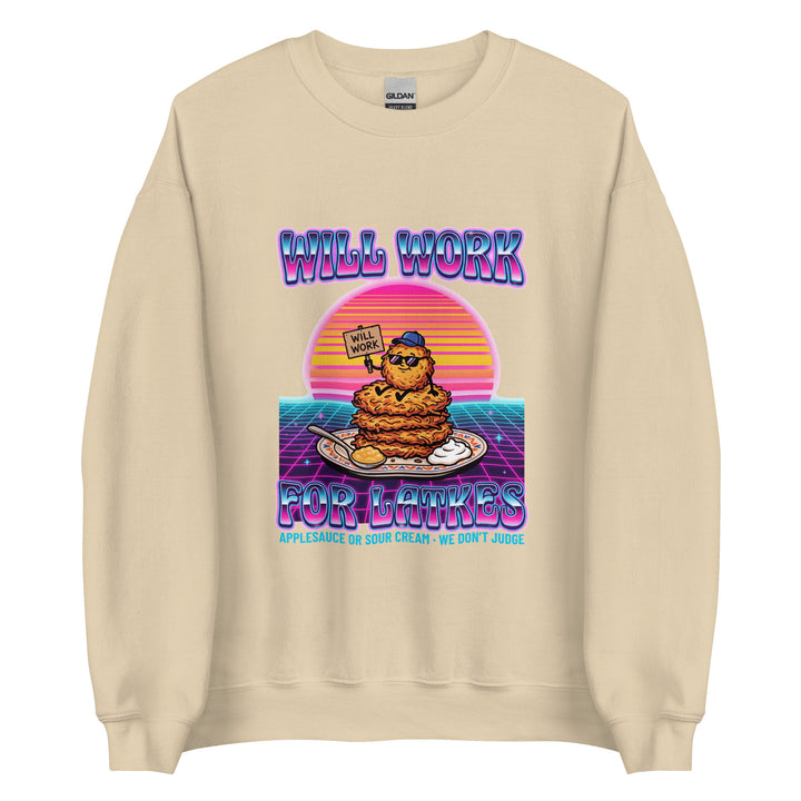 Will Work for Latkes 80s Jewish pride sweatshirt in Sand - back view