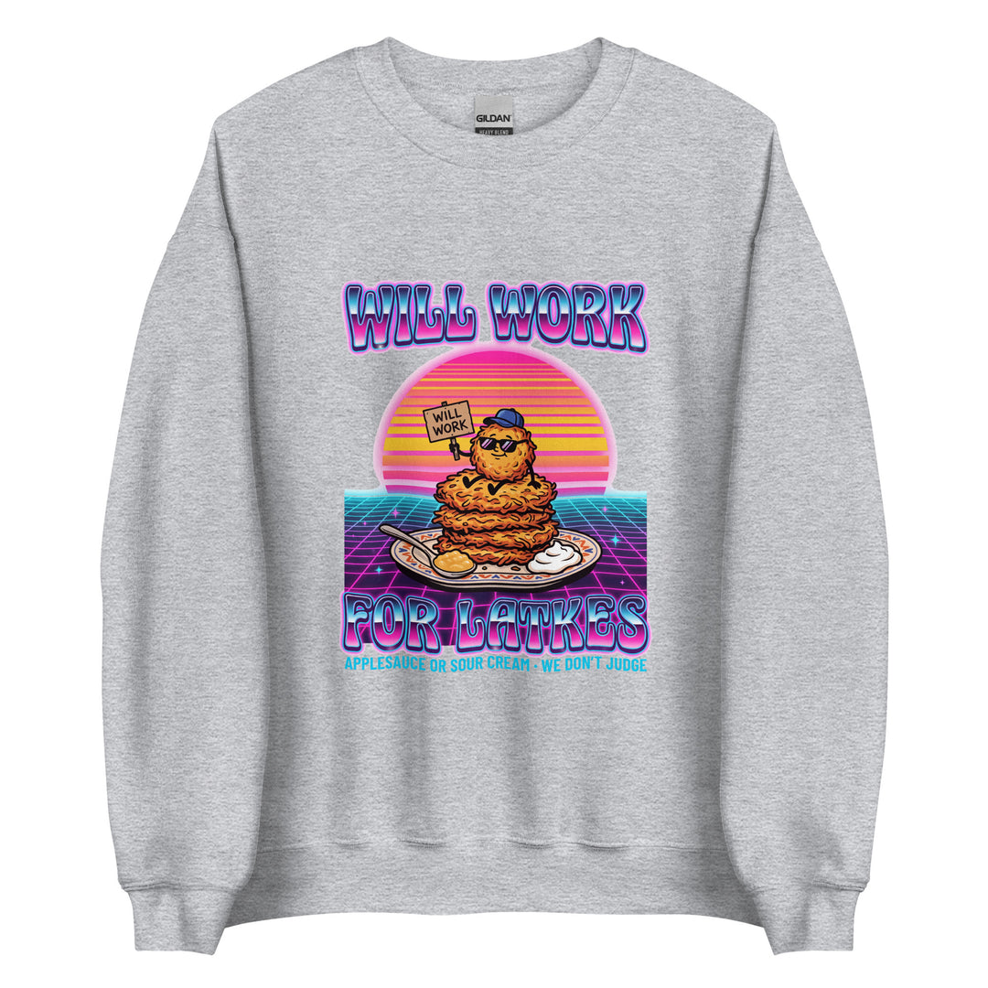 Will Work for Latkes 80s Jewish pride sweatshirt in Sport Grey - front view