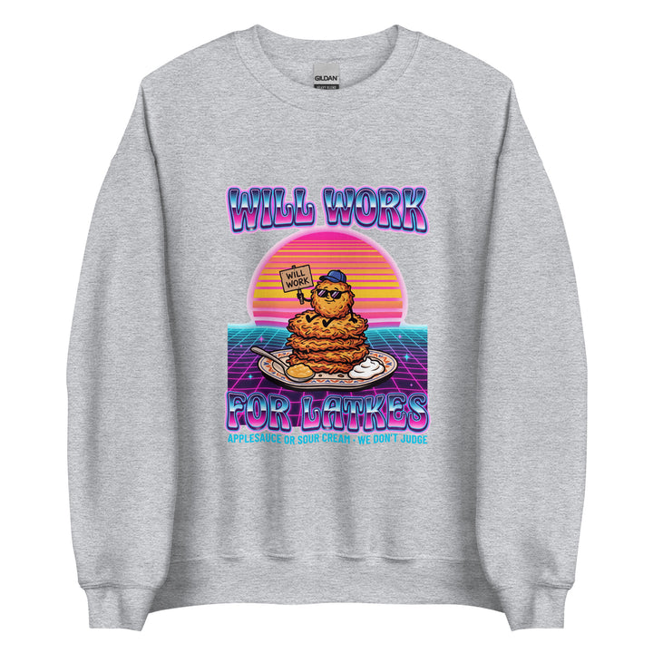 Will Work for Latkes 80s Jewish pride sweatshirt in Sport Grey - front view