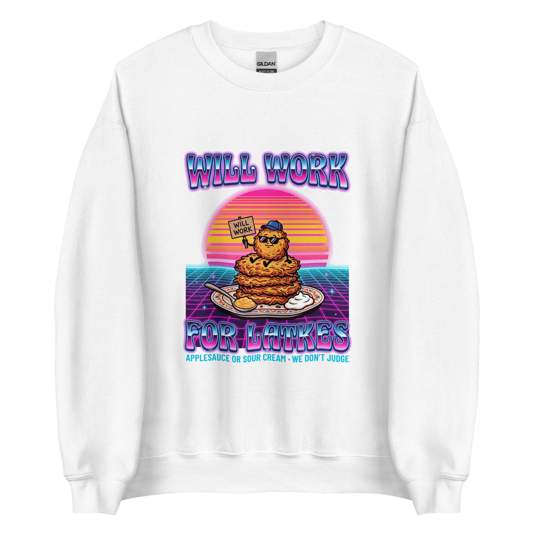 Will Work for Latkes 80s Jewish pride sweatshirt in White - flat lay