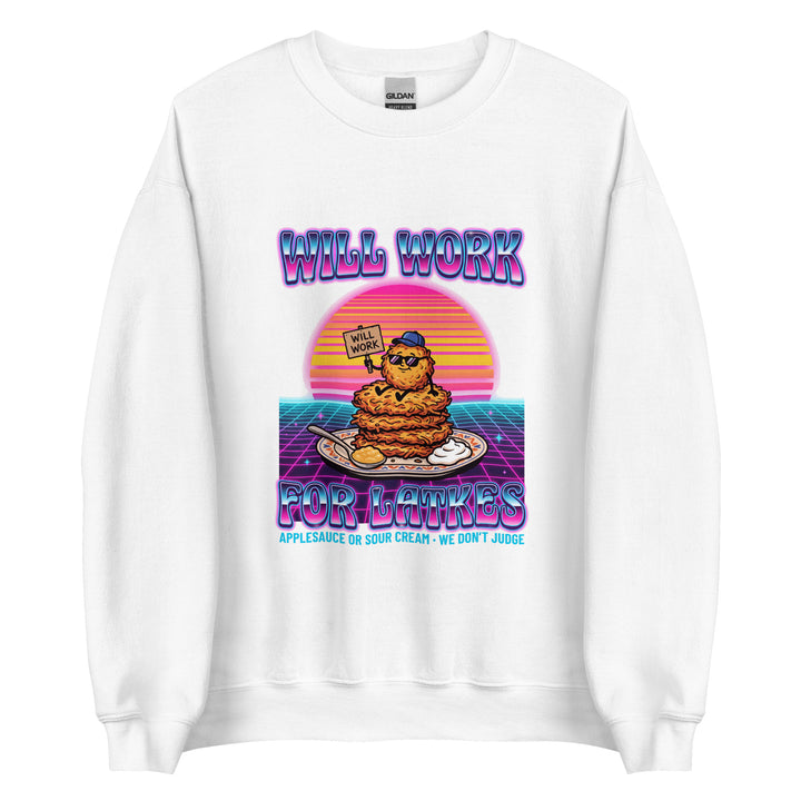 Will Work for Latkes 80s Jewish pride sweatshirt in White - flat lay