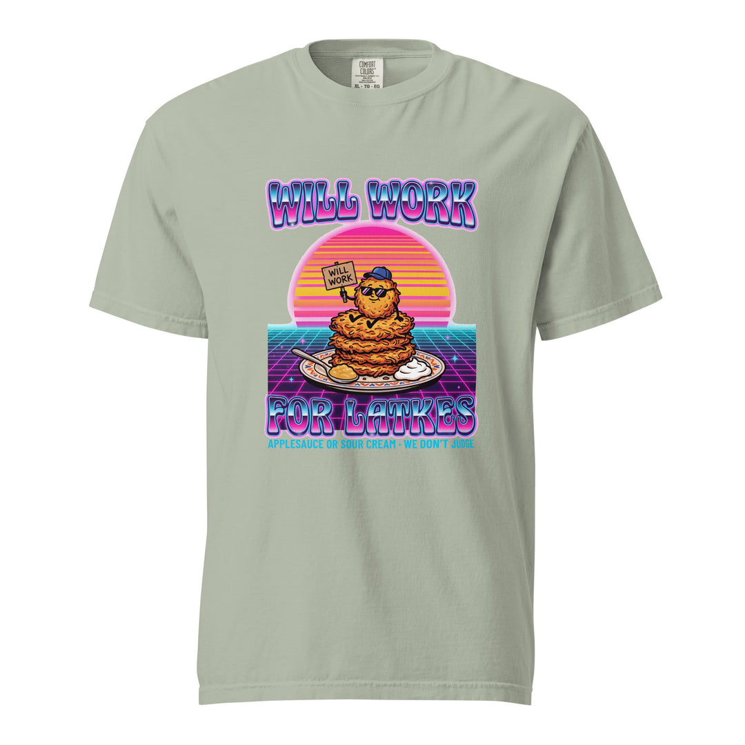 Will Work for Latkes 80s Jewish pride t-shirt in Bay - folded view