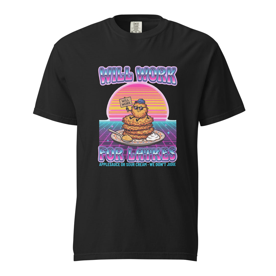 Will Work for Latkes 80s Jewish pride t-shirt in Black - front view