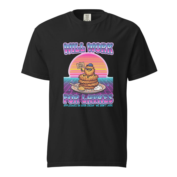 Will Work for Latkes 80s Jewish pride t-shirt in Black - front view