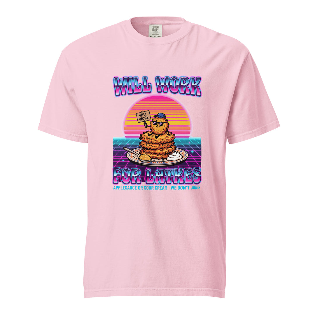 Will Work for Latkes 80s Jewish pride t-shirt in Blossom - detail view