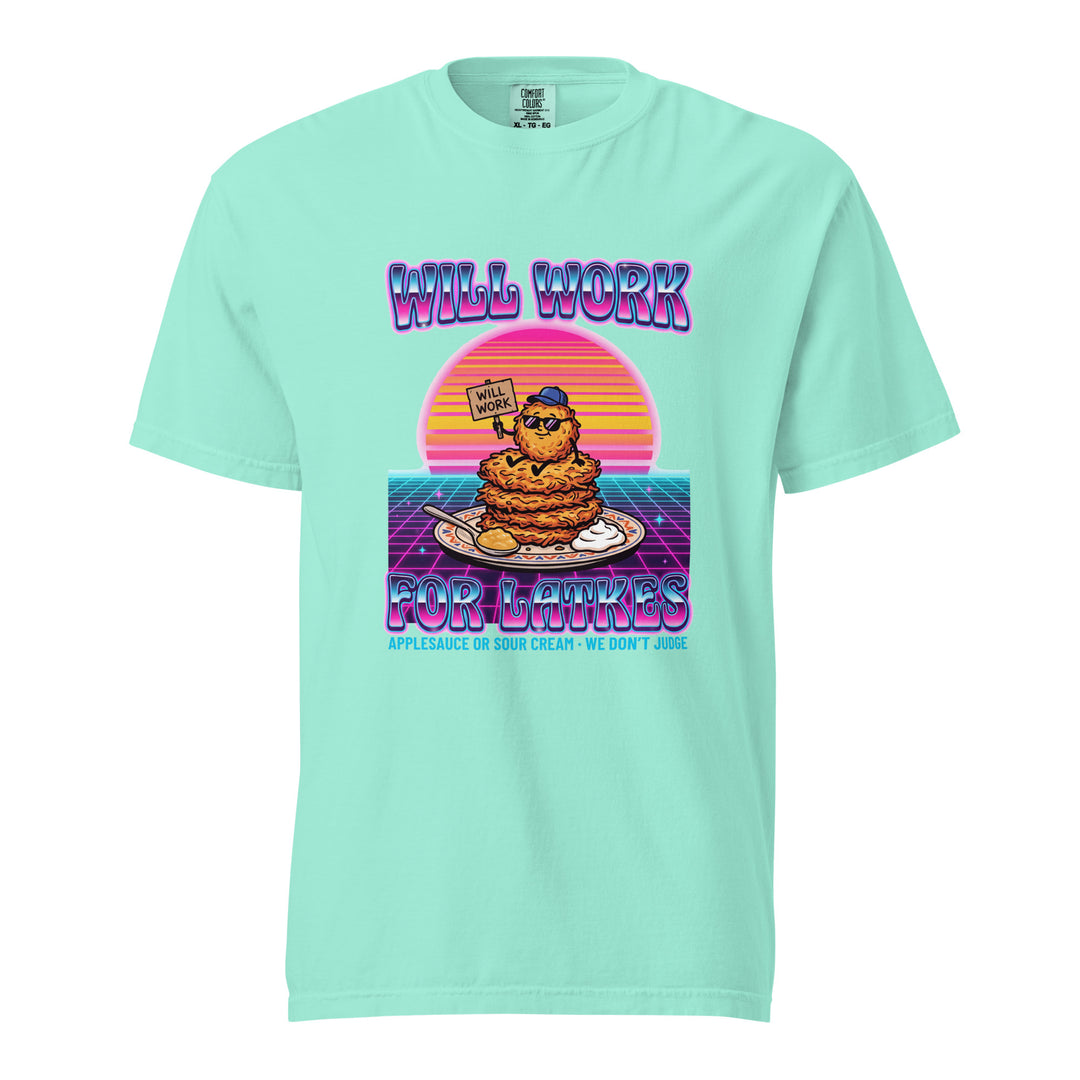 Will Work for Latkes 80s Jewish pride t-shirt in Chalky Mint - back view